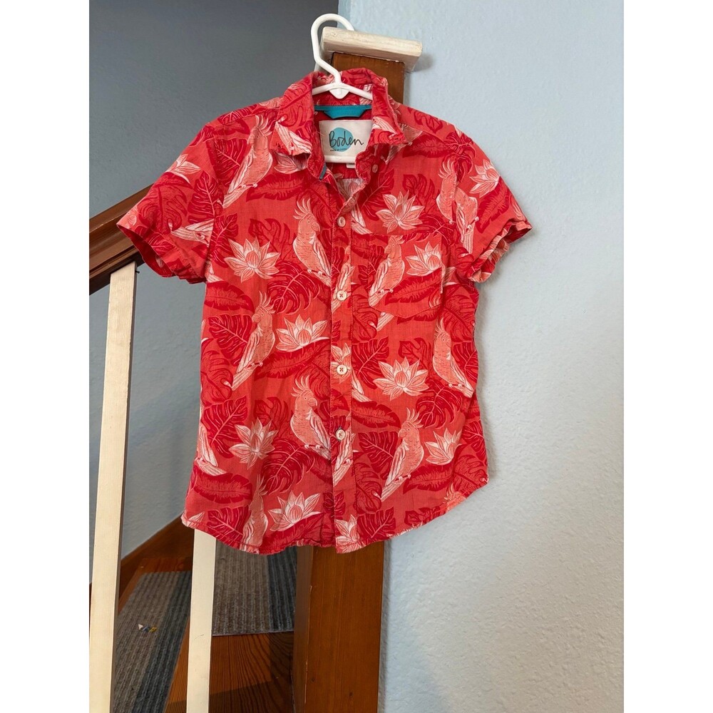 Mini Boden 7/8 128 linen blend button up dress shirt birds cockatiel red pink